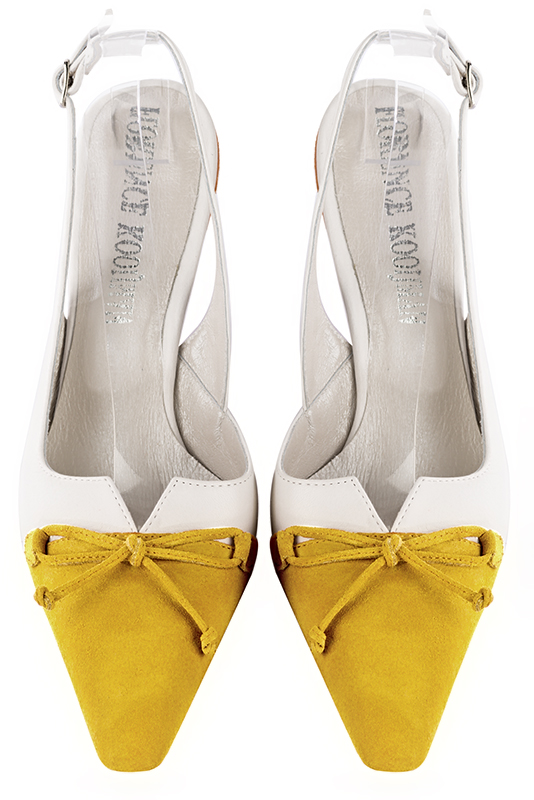 Yellow and pure white women's open back shoes, with a knot. Tapered toe. High slim heel. Top view - Florence KOOIJMAN